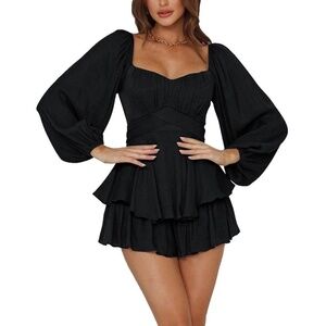 Lyaner Women's Long Lantern Sleeve Short Rompers
